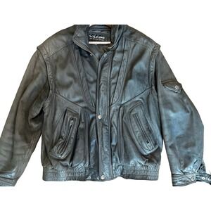 Wilsons Leather Jacket Mens XL Black Heavy Snap Front Full Zip Vintage Biker